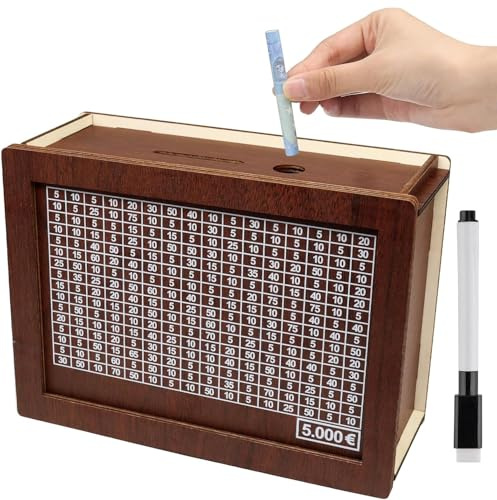 Spardose aus Holz, Sparbox, Sparschwein, Wiederverwendbare Spardose mit Sparziel und Zahlen, Sparbüchse Aufbewahrungsbox für Hilft Gewohnheit Zum Sparen (5000€)