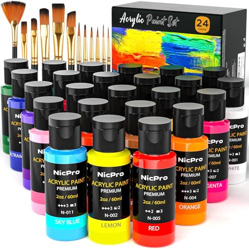 Nicpro 24 Farben Acrylfarbe Set (60 ml×24) mit 12 Pinsel, ungiftig Kunst liefert Kit für Rock Malerei, Multi Oberfläche Leinwand Ton Holz Stoff Handwerk Keramik, für Erwachsene Anfänger