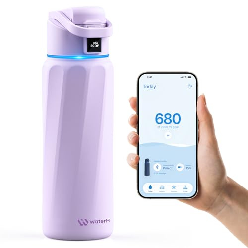 WATERH BOOST - Borraccia intelligente con promemoria idratazione e tracker, borraccia termica sottovuoto in acciaio inox, senza BPA, apertura larga, ideale per palestra, scuola, ufficio, 946 ml Viola