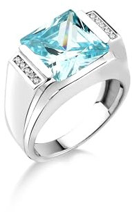 BySilverStone - Blauer Topas-Siegelring Für Männer Aus 925Er Silber, Quadratisch Geschliffener Weißer Zirkon-Herrenring, Hochzeitsschmuck Für Männer, Einzigartiger Aquamarin-Silber-Herrenring