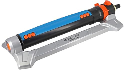 GRÜNTEK Irrigatore da Giardino Oscillante Automatico. Irrigatore Giardino Superfici Rettangolari Grandi e Medie. Base in Metallo, Grigio e Blu. 20 Ugelli Regolabili.