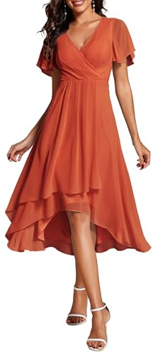Ever-Pretty Robe D'Invité Jupe Trapèze Col V Manches Volantées Robe Femme Chic et Elegant Belle Robe Soirée Orange Caramel 44