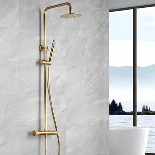 IMEX - Colonne Douche Thermostatique Salle de Bain Or Brossé | Colonne de Douche Laiton Reglable Dorée | Mitigeur Colonne de Douche avec Robinet | Barre en Acier Inoxydable S.304 Extensible
