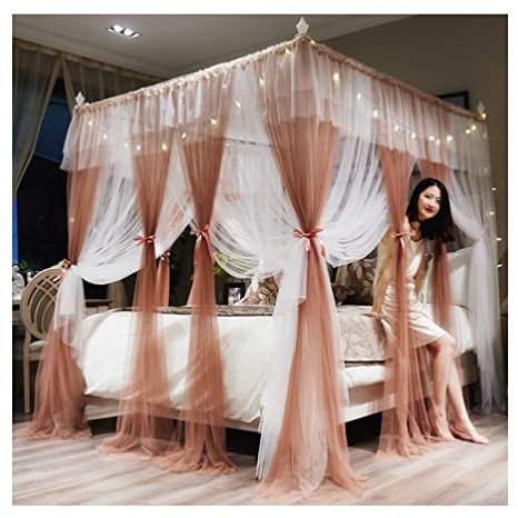 itonc Bett Vorhang Luxus Bett Baldachin 4 Ecke Post Poster Fairy Zimmer Bett Vorhang Mädchen Schlafzimmer Dekorative Tuch (Farbe : Braun, Größe : 120X200Cm/47X79In)
