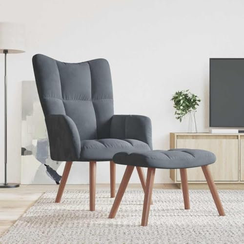 Myheimly Relaxsessel mit Hocker,Sessel mit Stahlrahmen Holzbeinen,Relaxstuhl Polsterstuhl mit Armlehne,Fernsehsessel Polstersessel Wohnzimmer,Modern Samt Sessel Dunkelgrau,Mit Fußablage