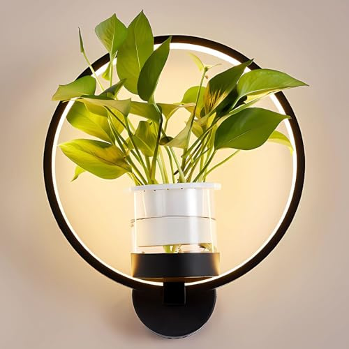 J.SUNUN Moderne LED Wandleuchte Innen Schwarz Ring Wandlampe Warmes Licht 3000K Mit Blumentopf Wandleuchten Für Wohnzimmer Schlafzimmer Flur Balkon Treppenhaus Beleuchtung Leuchten