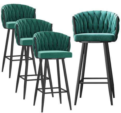 Mid Century Moderne Barhocker mit Thekenhöhe, Samt-Drehhocker mit gewebter Rückenlehne, Grün, ideal für Kücheninsel, 75 cm Sitzhöhe, 4 Stück