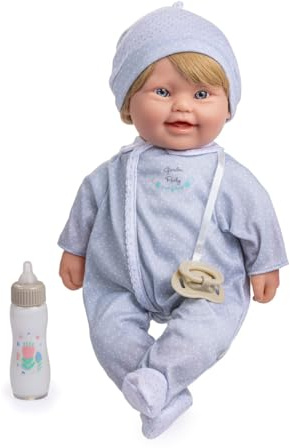 JC TOYS - Down The Baby syndrom docka 40 cm, mjuk och tvättbar kropp, blont hår, magisk flaska och napp, grå, designad i Spanien, +12 månader