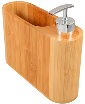 HONITANO Dispensador De Jabón Recargable De Madera Con Soporte Para Cepillo De Dientes y Peine Contenedor Ovalado Para Champú y Gel De Ducha Para Baño y Cocina