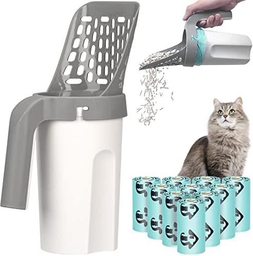 Rarihem Katzenstreu Schaufel 2 in 1, Streuschaufel mit Behälter Abnehmbare Katzenklo Schaufel Mit 165 Müllsäcken, Ergonomischem Design, Einfach zu Bedienen und Arbeitssparend