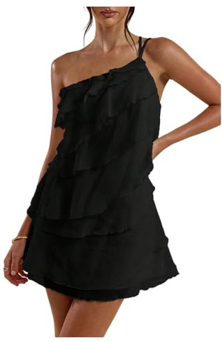 SOLY HUX Women's Mini Dress One Shoulder Ruffle Mesh Dresses Layered Backless Vacation Party Sundresses Plain Black Medium