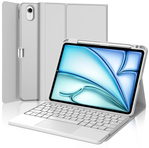 JADEMALL Clavier avec Touchpad pour iPad Air 11 M3/M2 2025/2024, AZERTY Français Clavier Bluetooth Détachable avec Pavé Tactile pour iPad Air 11 Pouces M2/M3 2024/2025, Gris Clair
