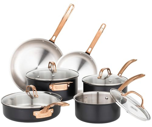 Viking 3-Ply Cookware Set, 10 Piece Stainless Steel Kitchen Cookware with Glass Lids, Oven Safe, Induction Ready, Black with Copper