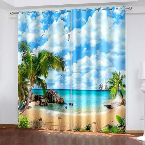 Aotiwe Cortinas opacas, cortinas para dormitorio, azul, verde, marrón, cielo, pájaros, cocoteros, mar, paisaje, poliéster, juego de 2, 172 x 115 cm