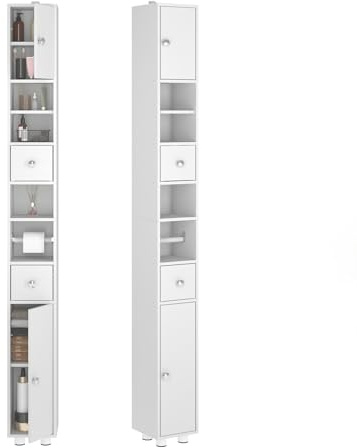 Songvas Badzimmerschrank Schmal, Badschrank Klein mit Schubladen, Fächern, Verstellbaren Regalen, Toilettenpapierhalter, Schranktüren, Badschrank Hoch, Badezimmer Hochschrank, 20 x 20 x 180 cm, Weiß