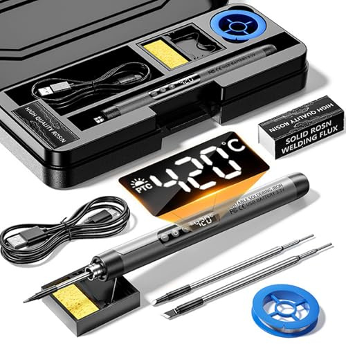 YOZAIUUI Cordless Soldering Iron Kit with LCD: 1000mAh Rechargeable USB Soldering Iron Adjustable Temperature 260℃-420℃ Solder Kit with 3 Solderings Tips for Electronics Repair DIY Projects