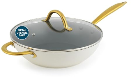 Salter Aerotech Professional Wok Pan 28 Cm, Nonstick, Induction | Forged Aluminium Body, Oven Safe, Tempered Glass Lid, Steam Vent, Metal Utensil Safe, PFAS Free Coating