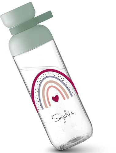 Kinder Trinkflasche Mepal Flasche - Boho Regenbogen Herz mit Name personalisiert - Scandi Rainbow Geschenk - 700 ml - Sage Grün