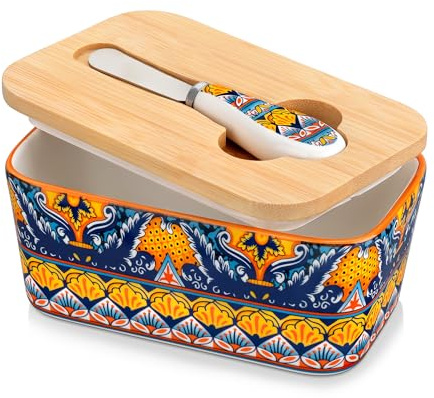 vancasso KRVI 480ml Porcelain Butter Dish with Lid, Andalusian Breeze | Butter Keeper Includes Knife and Bamboo Lid, Sealed Butter Container Fits Most Butter Sizes, Ideal for Countertop