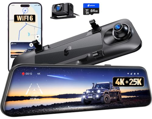 Pelsee S12 Spiegel Dashcam Native 4K + 2,5K, 8MP Sensor, 12 Touchscreen Rückspiegel Kamera, 64GB Karte, WiFi 6, GPS, Farb-Nachtsicht, Rückfahrkamera mit Einparkhilfe für Pkw, SUV & Pick-up