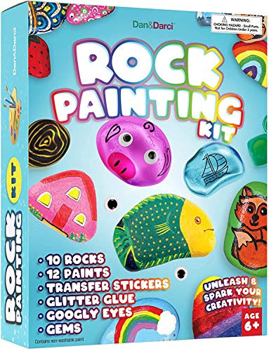 Dan&Darci Rock Painting Kit for Kids - Arts and Crafts for Girls & Boys Ages 6-12 - Craft Kits Art Set - Supplies for Rocks Paint - Best Tween Gift Ideas for Kid Activities Age 6 7 8 9 10 11