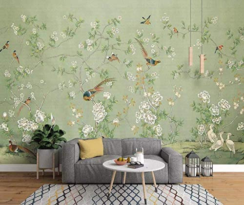 Carta da parati Nostalgica Pastorale Carta da parati 3D Fiori e uccelli Meticolosa verde dipinto a mano stile cinese Murales carta da parati fotomurali murale Soggiorno camera da letto-200cm×140cm