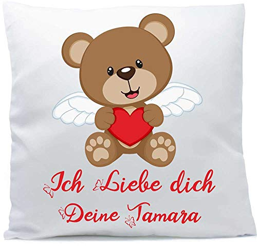 Kissen mit Namen Schutzengel Bär 40x40 cm inkl. Füllung Kuschelkissen Liebe Geburt Taufe, Kissen Farbe:Vorderseite weiß/RS blau