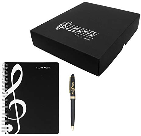 Adorable coffret cadeau de papeterie sur le thème de la mélodie de piano noir, 1 carnet de notes de musique avec 1 stylo à bille à motif clé de sol (style note de musique)