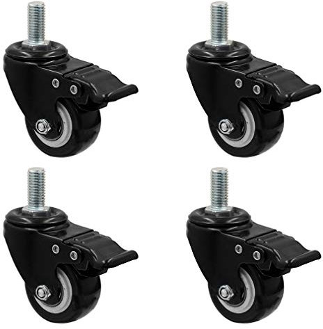 1,5 Zoll/2 Zoll Lenkrollen für Möbel,Transportrollen,Doppellager,mit Gewindestift M8x25,mit Sicherheitsbremse,Schwarz,Polyurethan,Packung mit 4 Stück(4 brake2in)