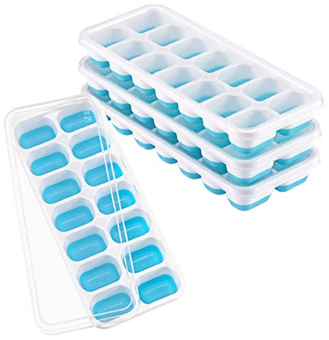 4 Pack Eiswürfelform mit Deckel, Eiswürfelbehälter Silikon, Langlebig Und Flexibel, 14 Eiswürfelformen, Leicht Zu Lösen, Stapelbar & Bpa-Frei, Babynahrung Ice Tray für Getränke, Obst, Joghurt