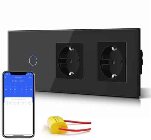 BSEED Smart Alexa Wlan Lichtschalter Ohne Neutralleite mit Doppelt KEIN wifi Steckdose, WIfI Touch Schalter aus Glas, Alexa und Google Home Work mit Tuya, 1 Fach 228mm Schwarz
