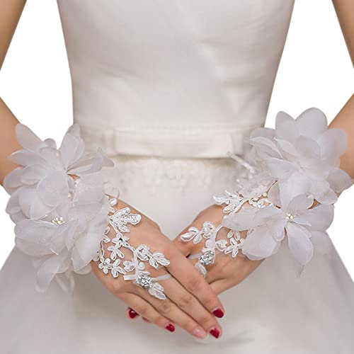 Aublinto Braut Hochzeit Handschuhe,Hochzeit Braut Tüll Handschuhe Weiße Florale Brauthandschuhe Fingerloser Handschuh Party Abschlussball Handschuh für Hochzeit Dinner Parties Party