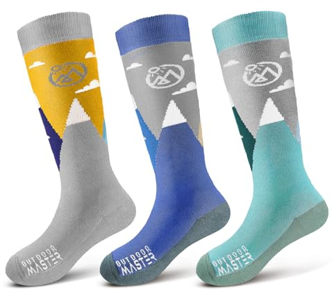 OutdoorMaster Calcetines de esquí para niños, mezcla de lana merino, diseño sobre la pantorrilla, Gris polvo, montañas azules, verde bosque, X-Small