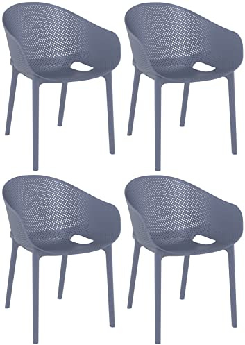 CLP Gartenstuhl 4er Set wetterfest, stapelbar, Bistrostuhl aus Kunststoff, Nicht verstellbare Armlehnen, modern, Gestell schwarz, Sky Pro, Farbe:dunkelgrau