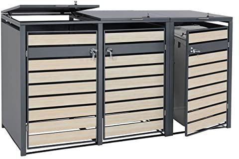 3er Mülltonnenverkleidung HWC-J81, Mülltonnenbox, erweiterbar, Metall 82kg, anthrazit - Buche-Holzoptik Hellbraun