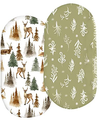Hiseng Baby Spannbettlaken Spannbetttuch für Beistellbett & Kinderwagen 2er Pack, Karikatur Matratzenschoner Spannbettlaken, Stubenwagen Bezug Matratzenbezug (82x41x10cm,Hirsch + grün)