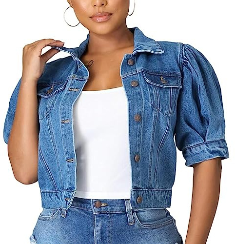 Blouson Jean Femme, Veste en Jean À Manches Courtes Bouffantes pour Femmes Mode Revers Boutonné Manteau en Jean Court Vintage Délavé Délavé Été Jean Shrug Jacket Tops pour Dames Filles