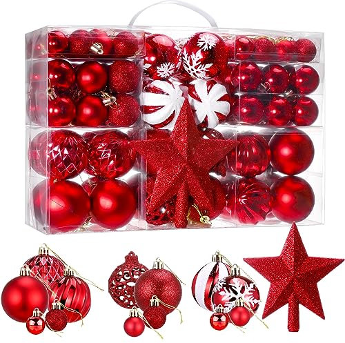 Zocipro 101 Stück Weihnachtskugeln Rot, Christbaumschmuck Rote, 6cm/4cm/3cm Christbaumkugeln Kunststoff Set mit Weihnachtsbaumspitze Stern Weihnachtsbaum Topper,Weihnachtsbaum Deko
