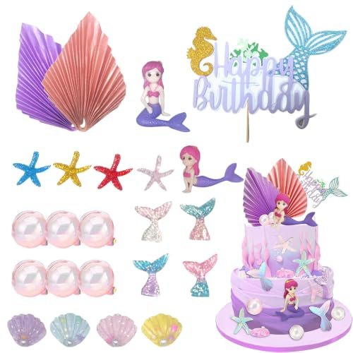 Mizikuu 23 Stück Glitzer Meerjungfrau Tortendeko, Kuchen Deko Cake Topper Ocean Theme Tortenaufleger für Mädchen Geburtstagsparty