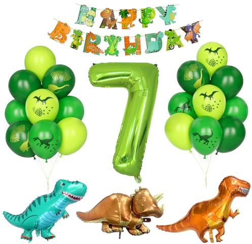 Dino Geburtstag Dekor, Kindergeburtstag Dekoration 7 Jahr Jungen Dinosaurier Luftballons Grüner Zahlenballon 7 Grün Latexballons Helium Dschungel Folienballon Happy Birthday Banner Partyzubehör