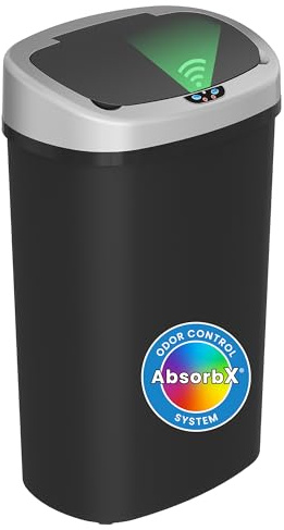 iTouchless 13 Gallon Oval Sensor Kitchen Trash Can with Odor Filter System, Durable Dent-Proof Automatic Lid Garbage Bin, Great Waste Bin for Home, Office, Business, Slim Space-Saving, Black Plastic