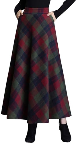 Womens Vintage Plaid A-line Long Maxi Skirt Fall Winter Swing Pleated Flared High Elastic Waisted Casual Flowy Skirt with Pockets(UK 16/Tag 2XL,Green)