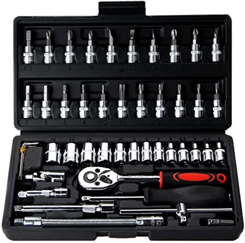Auto-Reparatur-Werkzeug, 46-teilig, 1/4-Zoll-Steckschlüsselsatz, Ratsche, Drehmomentschlüssel, Kombi-Werkzeug-Set, Auto-Handreparatur-Werkzeug-Set, Schraubenschlüssel, Schraubenschlüssel