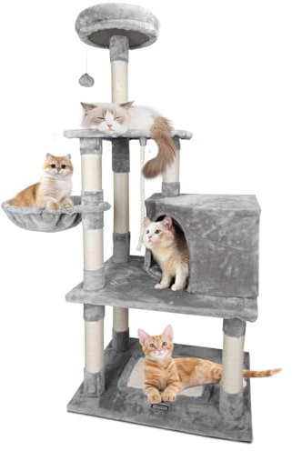 Nobleza Katzenbaum Kratzbaum Groß 148cm, Kletterturm mit 9 Sisal Säulen, 2 Plattformen, Hängematte und Pompom, Grau