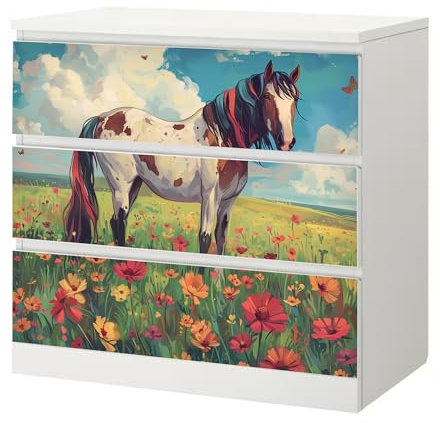 Sunnywall® Möbelfolie passend für IKEA Malm Kommode Schrankfolie Aufkleber mit Pferd auf Blumenwiese Motiv | blasenfrei verkleben | Kinderzimmer 3er 80 cm