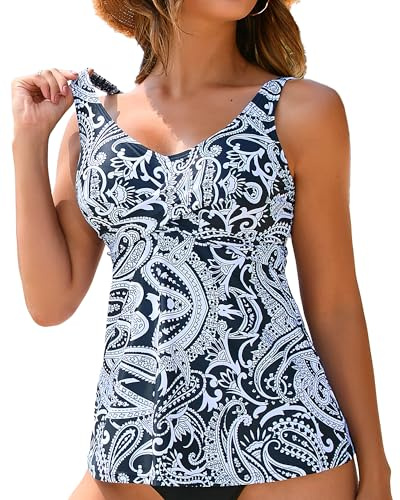 ANFILIA Women's Tankini Tops Only Twist V Neck Bathing Suit Top Flowy Swimsuits Tummy Control Swimwear Top