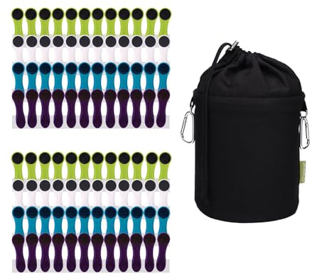 96 tvättklämmor med spiralfjädrar Softgrip blå grön vit lila antracit och 1 bellaCott tvättklämmapåse av canvas svart