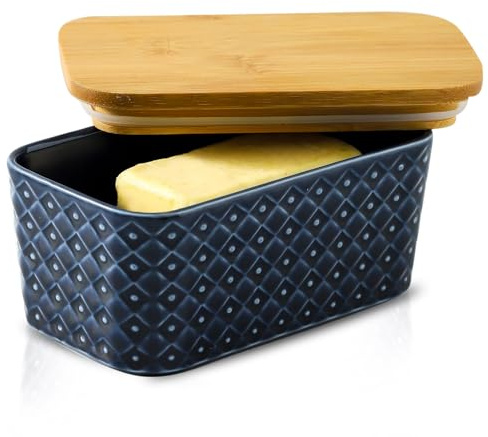 Tikooere Ceramic Butter Dish with Lid,Large Butter Container with Airtight Cover for Countertop or refrigerator,Farmhouse Butter Holder for Kitchen Gifts,Dishwasher Safe,Navy Blue Embossed Pattern