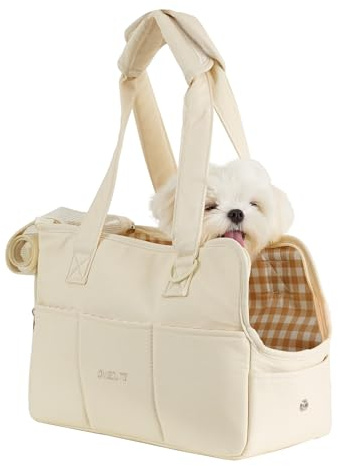 Trasportino per cani di piccola taglia coniglio gatto con grandi tasche, borsa in cotone, trasportino per cani con lati morbidi, trasportino pieghevole per cuccioli da viaggio(beige, 34x16x25 cm).