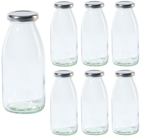 Vitrea 6 leere Glasflaschen 250ml Schraubverschluss Silber - Milchflaschen, Saftflaschen, kleine Flaschen zum Befüllen mit Deckel - für Milch, Saft, Smoothies, Öl - 6 Stück, TO43, Hansa